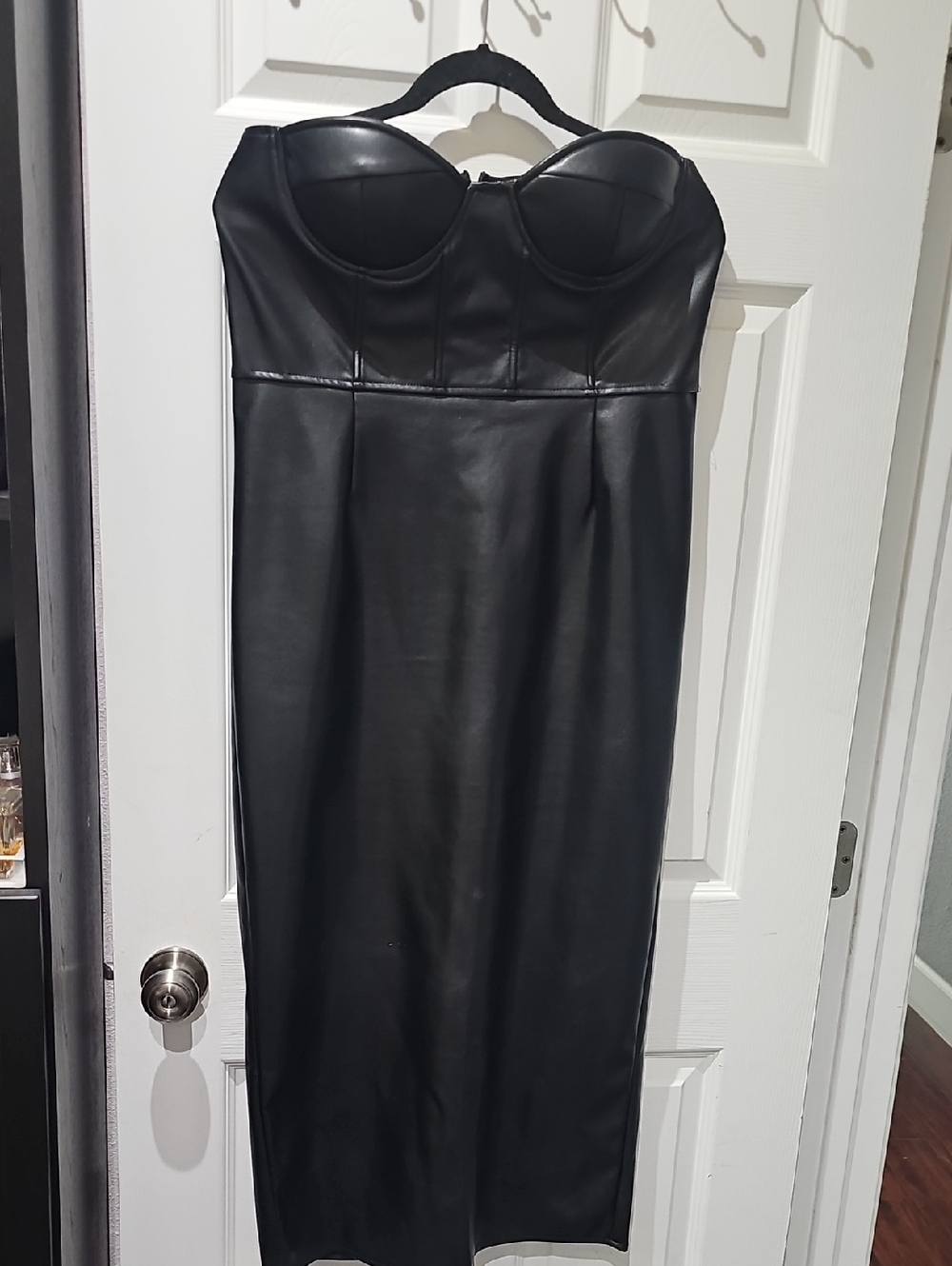 Fashion Nova Strapless Faux Leather Midi Dress in Black